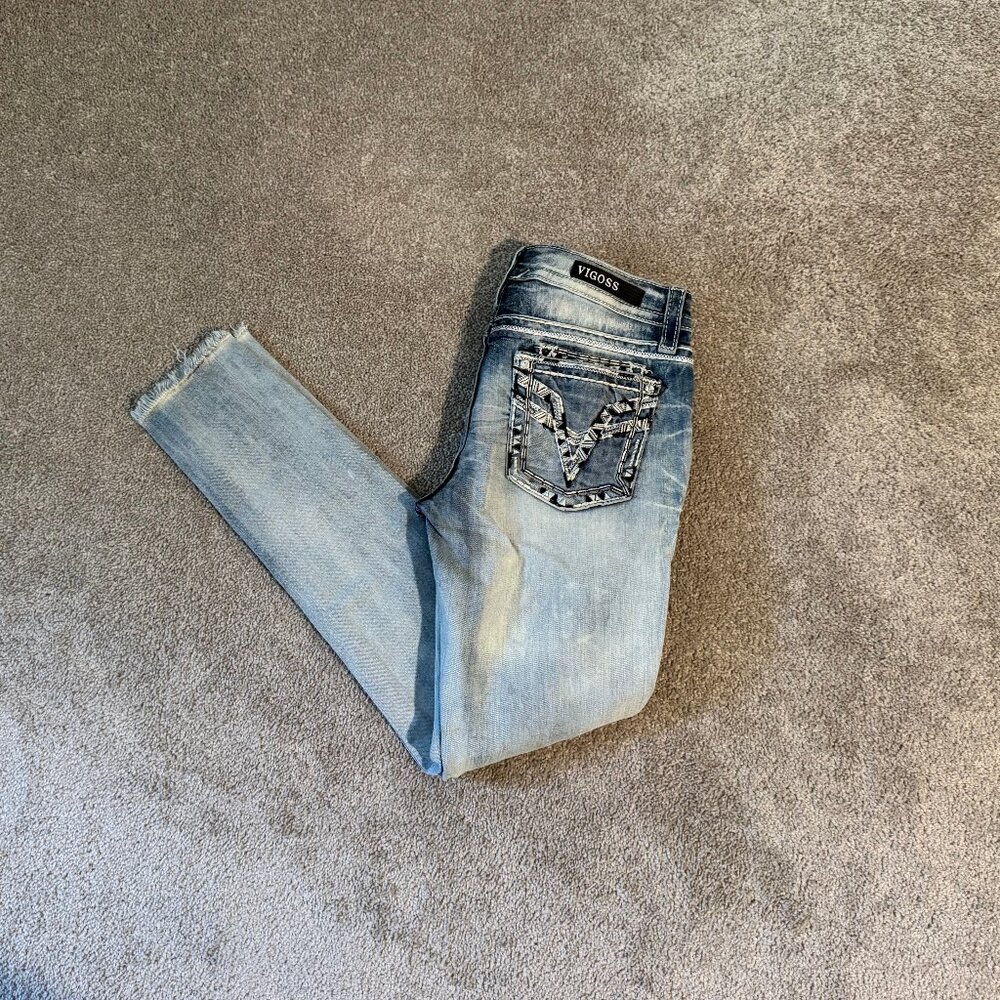 Vigoss Dublin Skinny Big Stitch Raw Hem Light Wash Classic Fit Size 27 (29x29)